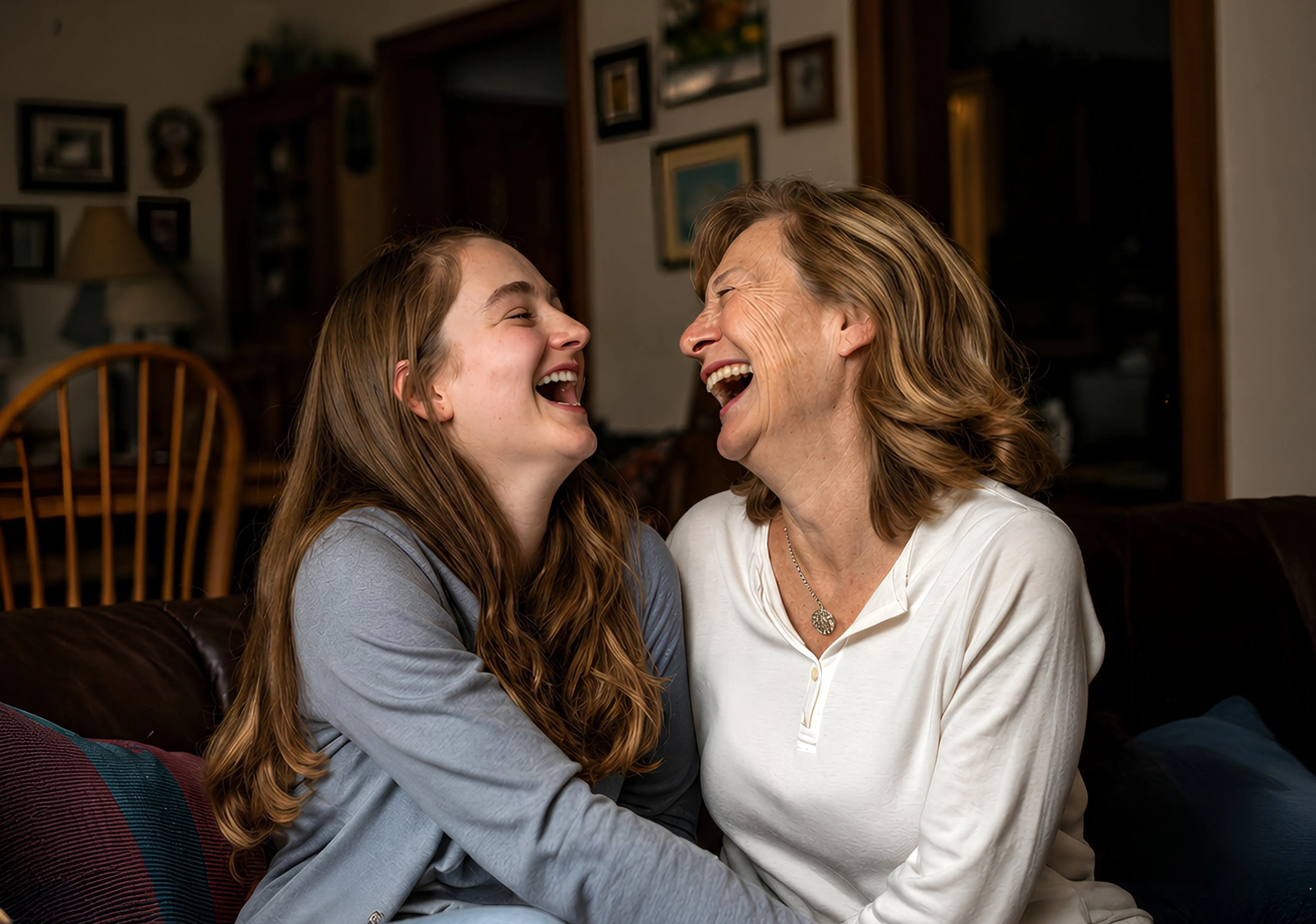 Madre e hija riendo juntas en un sofá, hero de la campaña "Te quiero Siempre" de Clínica Alemana.