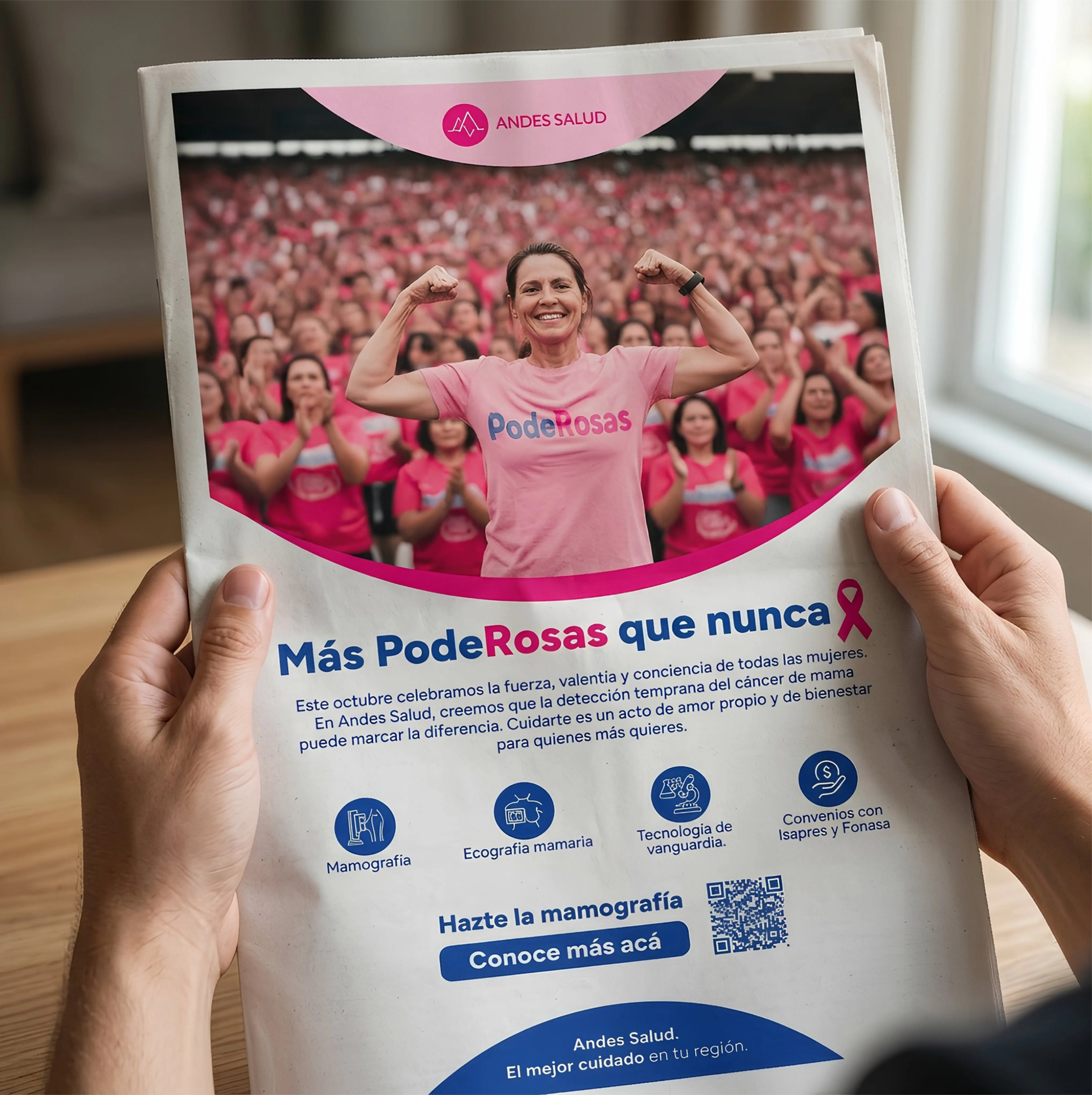 Aviso de prensa de la campaña "Más PodeRosas que nunca" de Andes Salud sostenido entre las manos.