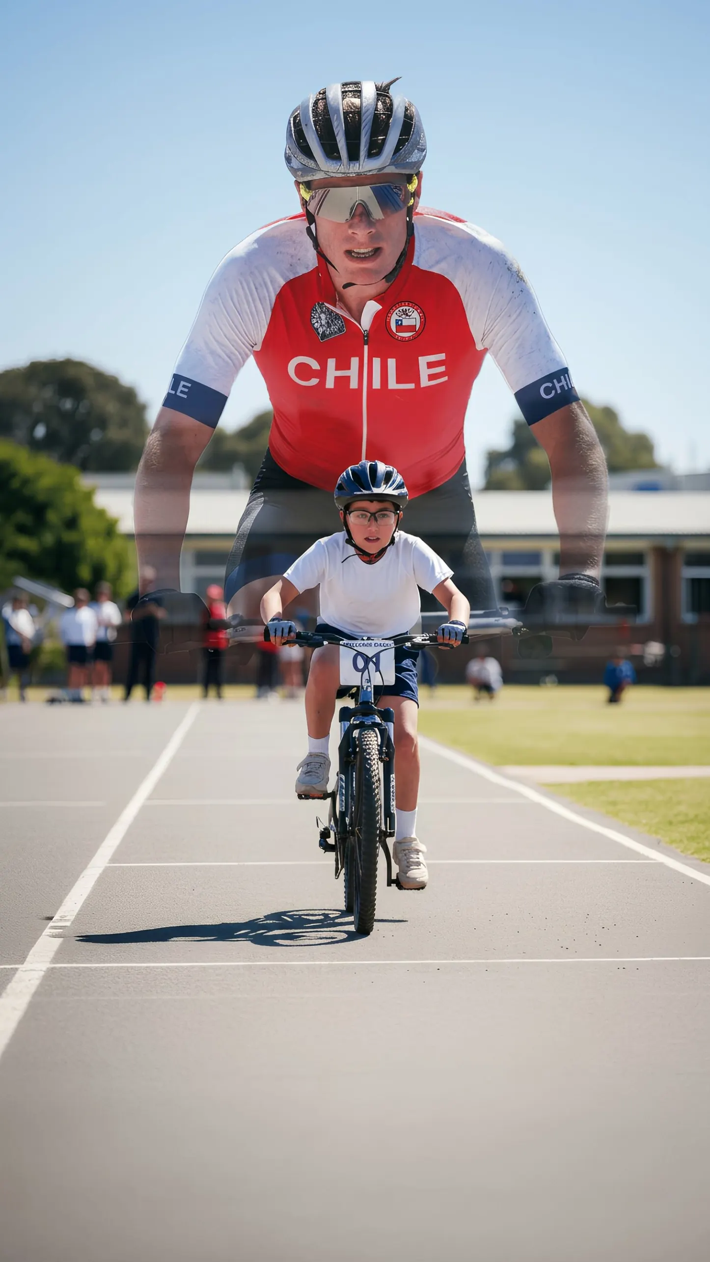 Ciclista Team Chile junto a un niño en bicicleta, transmitiendo cercanía generacional para Clínica UANDES.