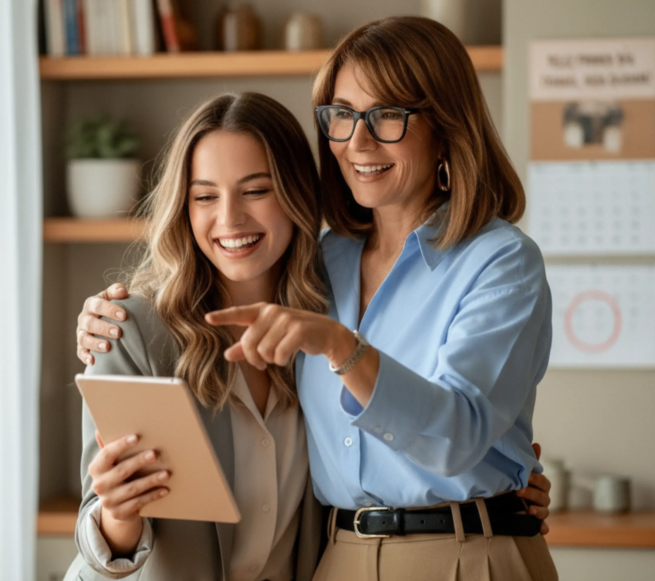 Madre e hija mirando una tablet y sonriendo, campaña Te quiero Siempre de Clínica Alemana.