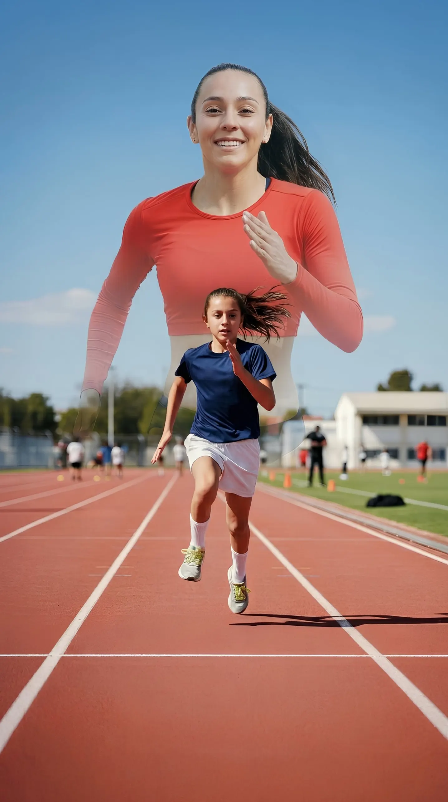 Atleta Team Chile corriendo junto a una niña en pista, key visual de la campaña Clínica UANDES.