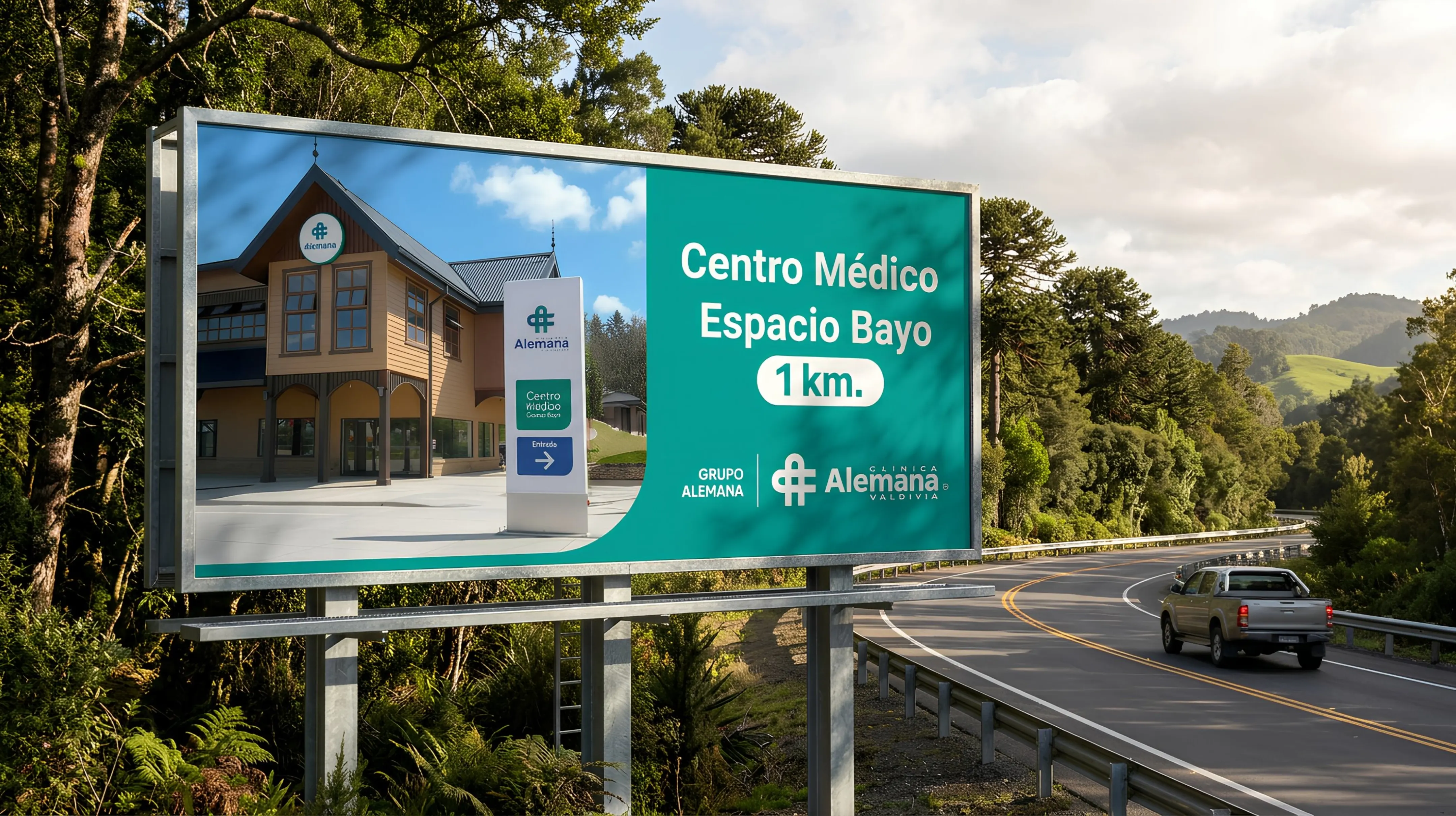 Valla publicitaria del Centro Médico Espacio Bayo emplazada en autopista de acceso a Valdivia, indicando 1 km.