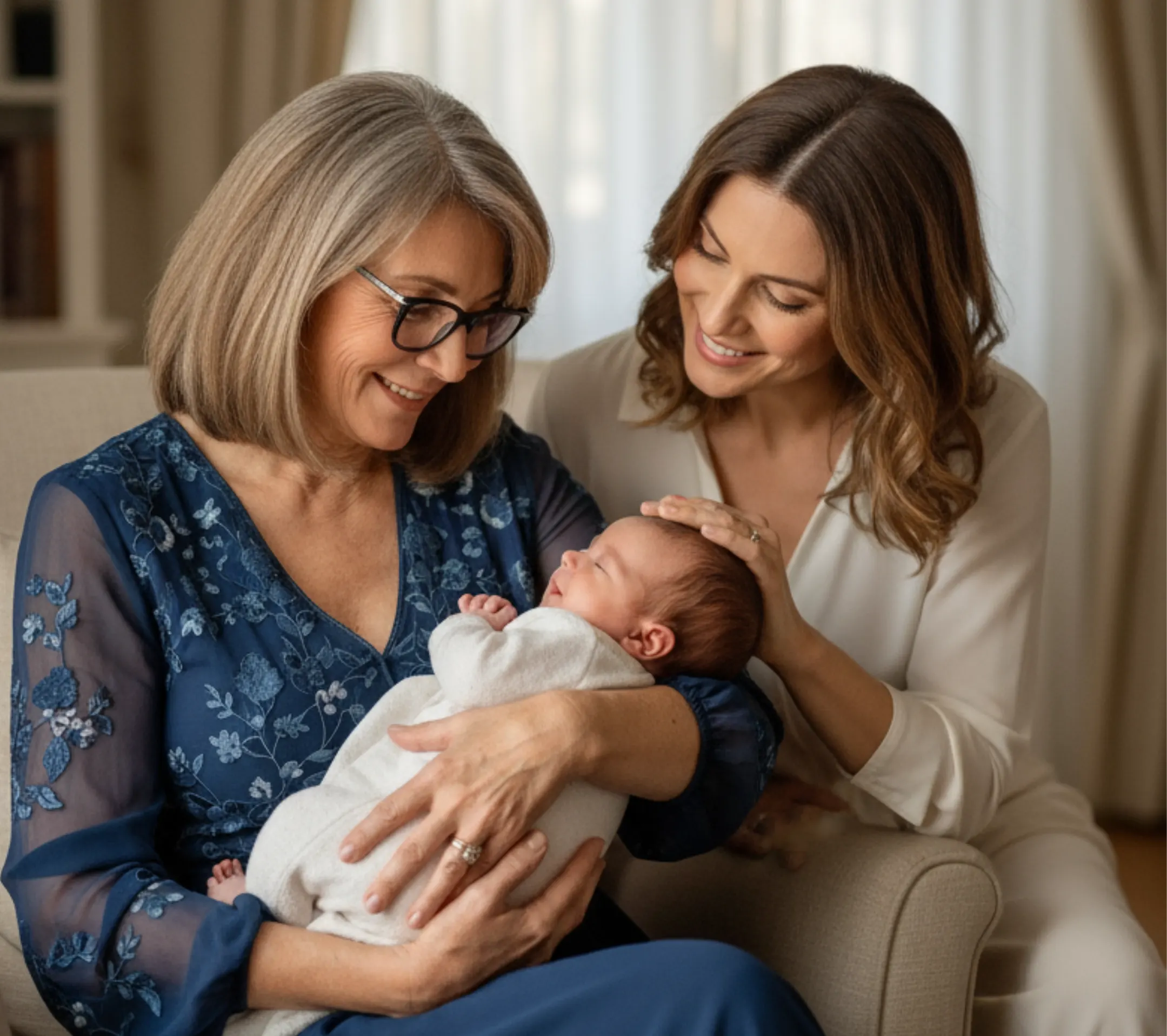 Abuela y madre contemplando a un recién nacido, campaña Te quiero Siempre de Clínica Alemana.
