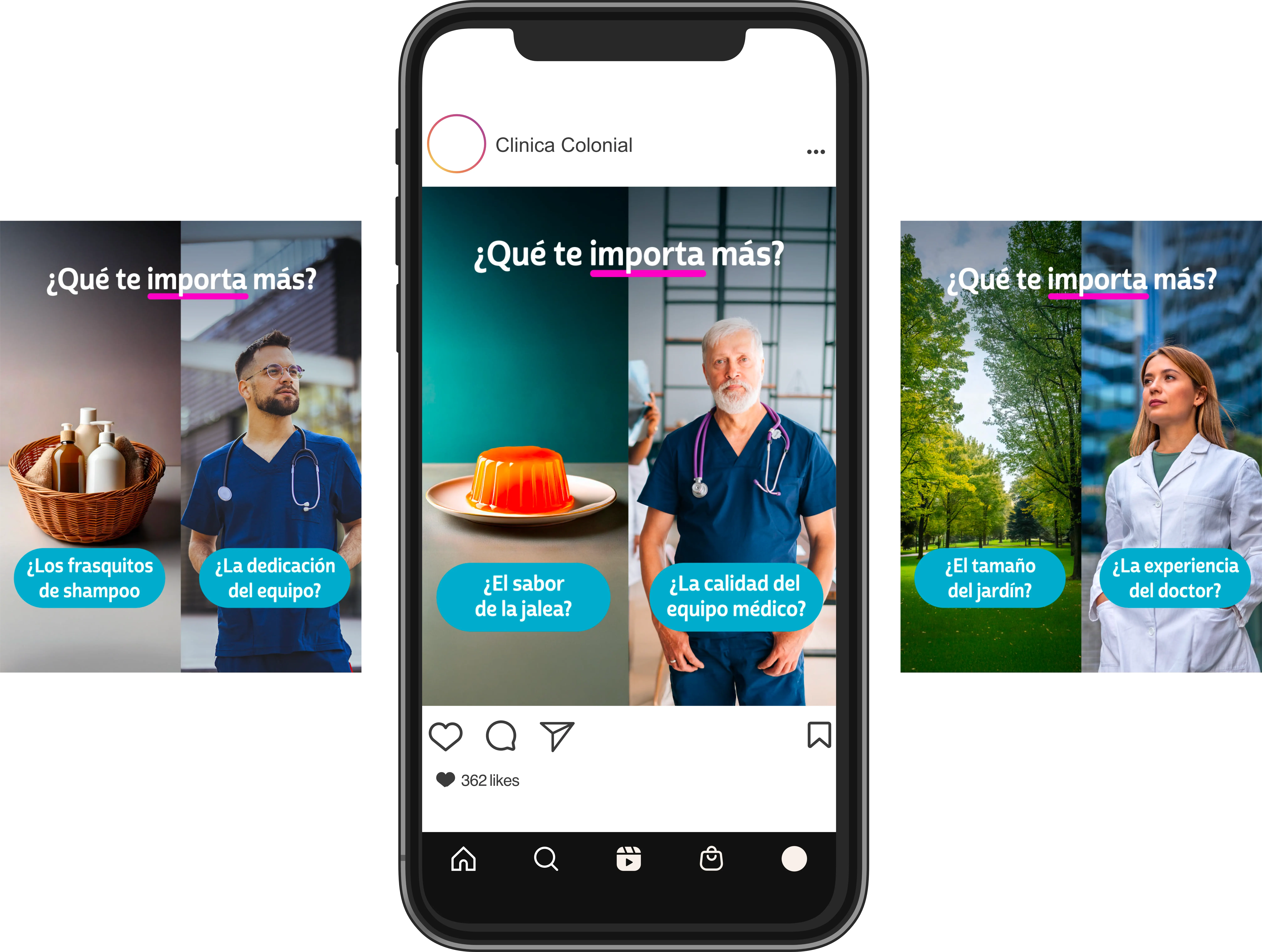 Mockup de Instagram Stories de Clínica Colonial con piezas "¿Qué te importa más?" mostradas en un teléfono móvil.