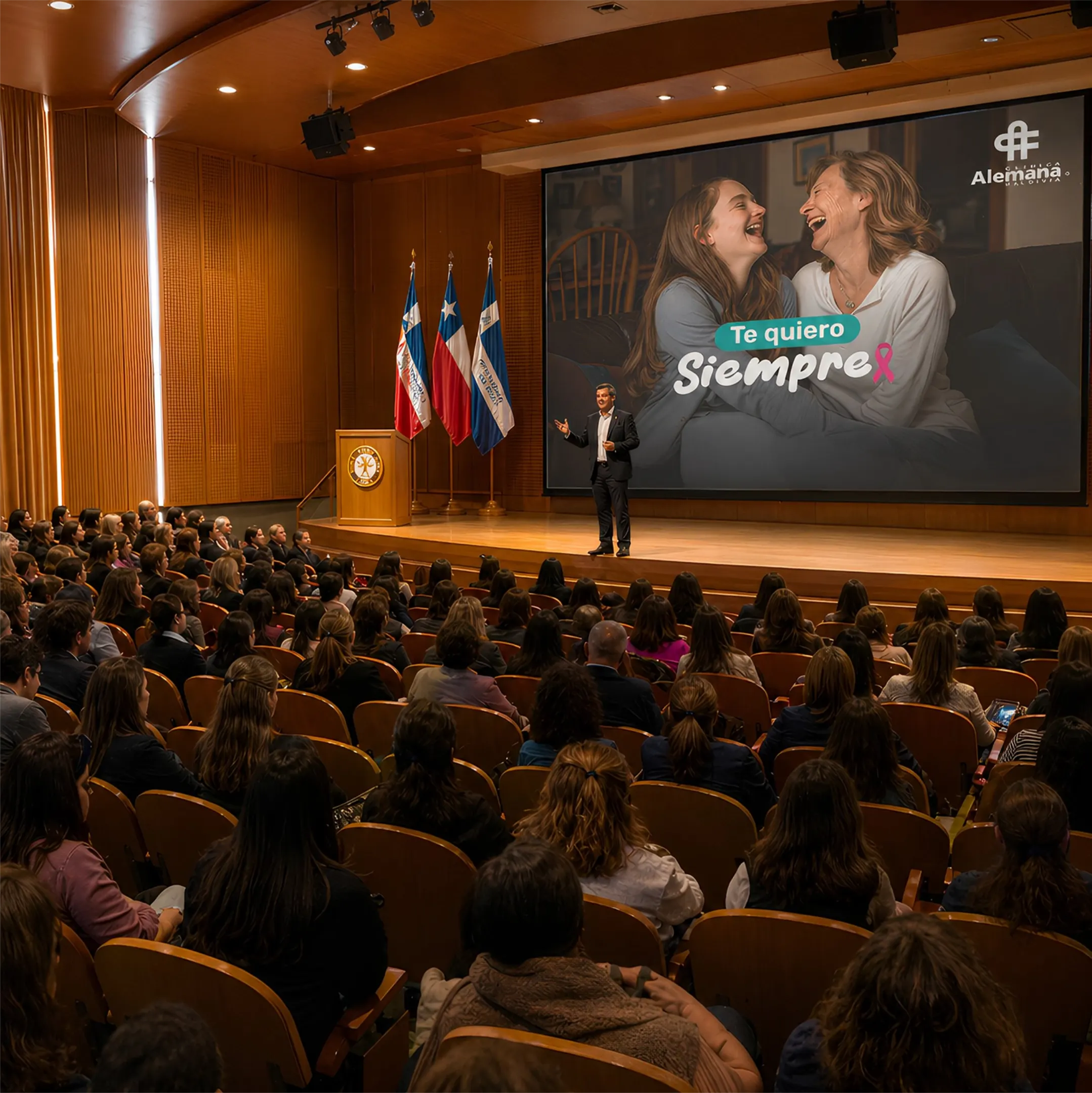 Auditorio lleno durante la charla "Te quiero Siempre" de Clínica Alemana con el key visual proyectado.